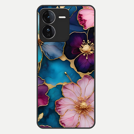  Sparkle Floral Glass Case For iQOO Z9 back cover – full design glossy printed glass finish