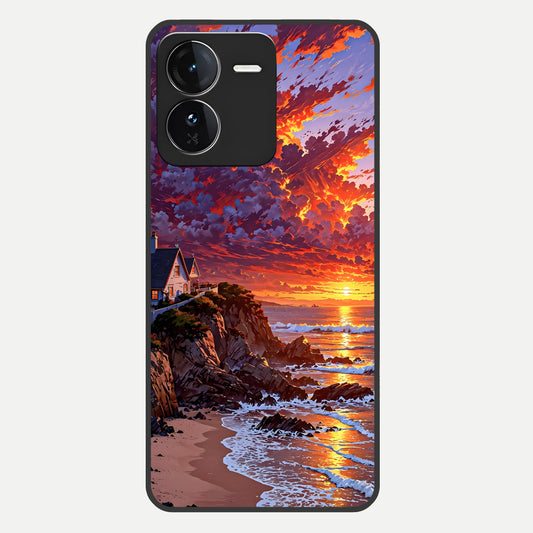  Sunset House By Sea Glass Case For iQOO Z9 back cover – full design glossy printed glass finish
