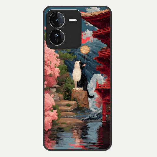  Temple Cat Scenery Glass Case For iQOO Z9 back cover – full design glossy printed glass finish