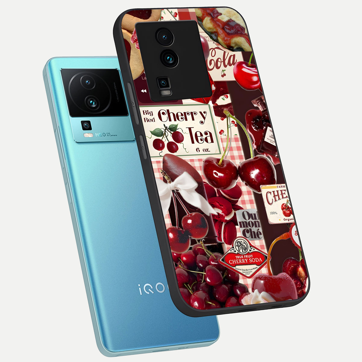  Aesthetic Cherry Tea phone case For iQOO Neo 7 Pro showing premium glass back cover with detailed artwork