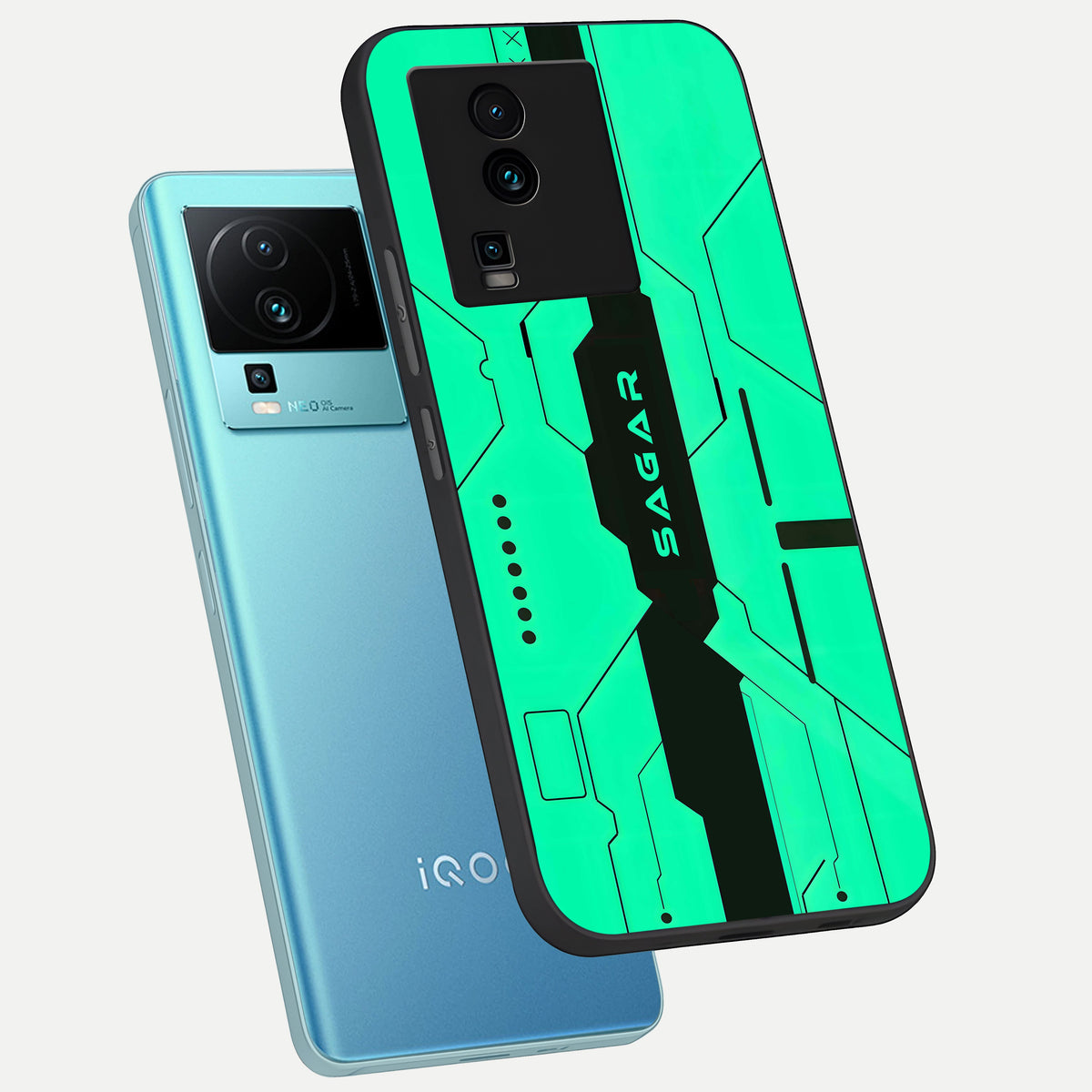  Aqua Tech CYBERPUNK Custom Name phone case For iQOO Neo 7 Pro showing premium glass back cover with detailed artwork