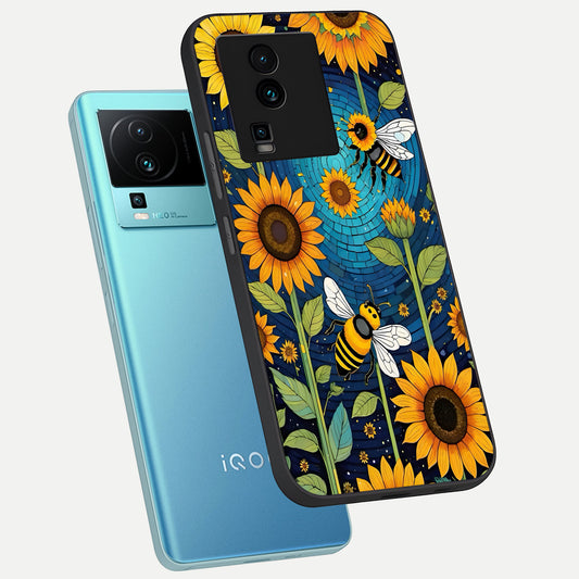  Bees And Sunflowers phone case For iQOO Neo 7 Pro showing premium glass back cover with detailed artwork