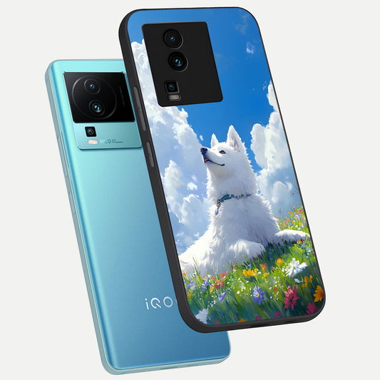  Blissful Cloud Pup phone case For iQOO Neo 7 Pro showing premium glass back cover with detailed artwork