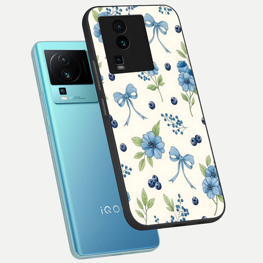  Blue Flower And Bow phone case For iQOO Neo 7 Pro showing premium glass back cover with detailed artwork
