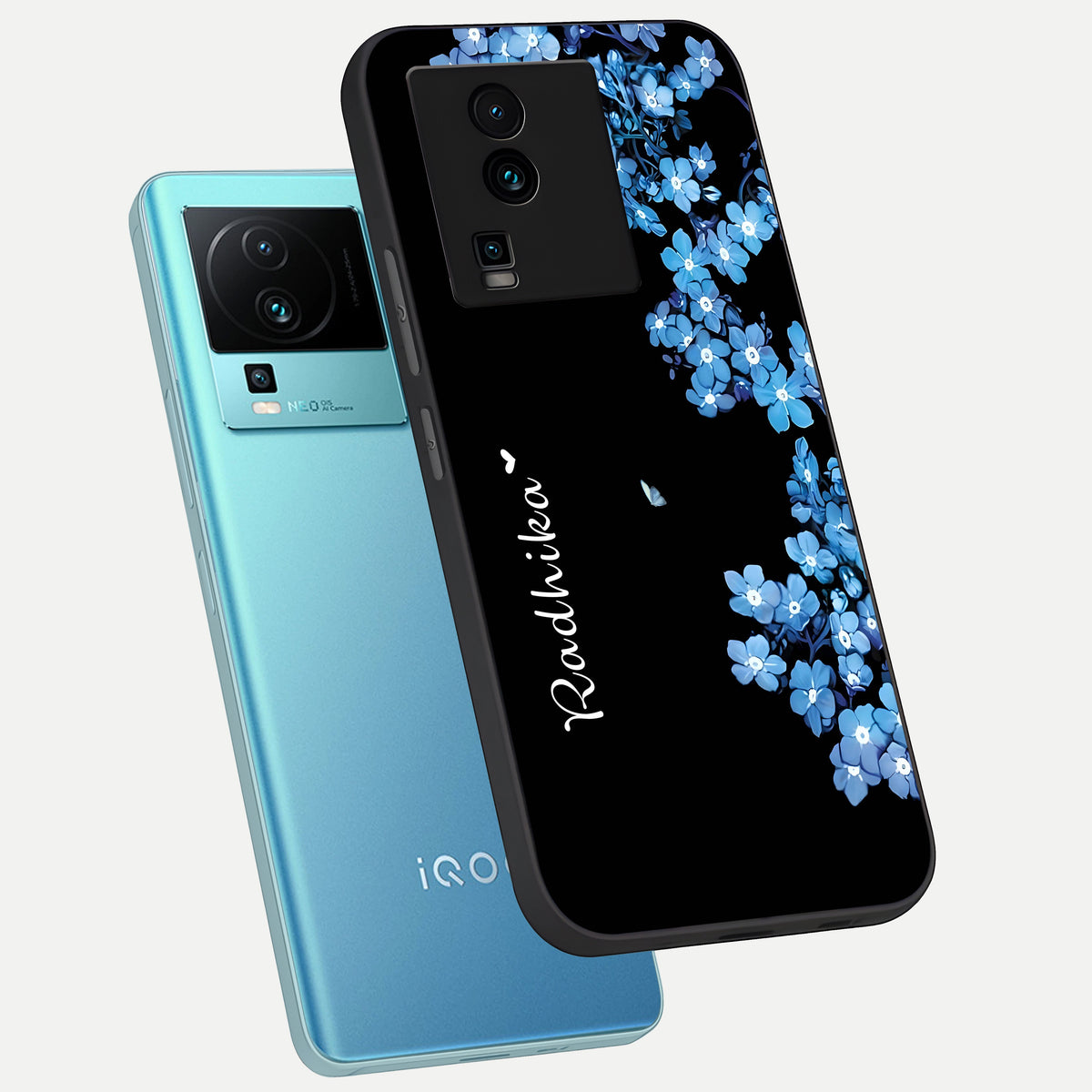  Blue Petal Dream Custom Name phone case For iQOO Neo 7 Pro showing premium glass back cover with detailed artwork