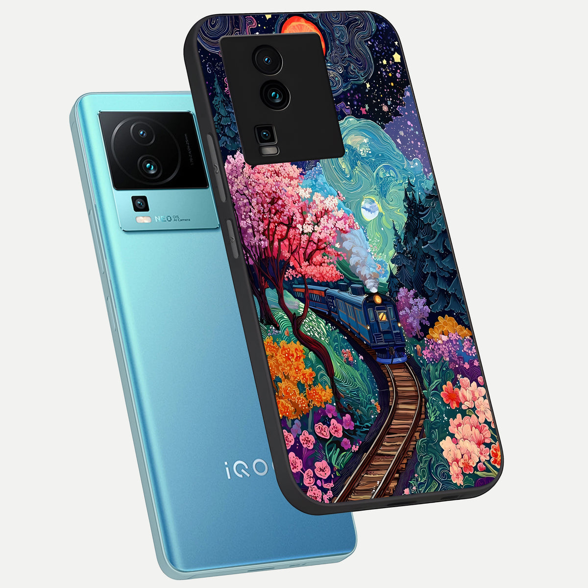  Celestial Train Journey phone case For iQOO Neo 7 Pro showing premium glass back cover with detailed artwork