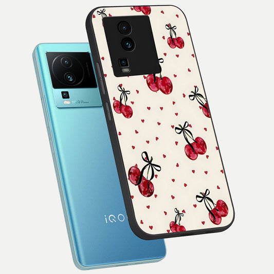  Cherry Heart Bow phone case For iQOO Neo 7 Pro showing premium glass back cover with detailed artwork