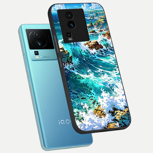  Coastal Blue Waves phone case For iQOO Neo 7 Pro showing premium glass back cover with detailed artwork