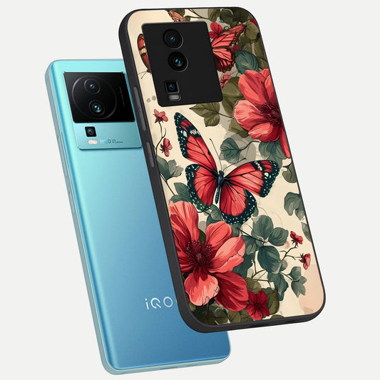  Crimson Butterfly Garden phone case For iQOO Neo 7 Pro showing premium glass back cover with detailed artwork