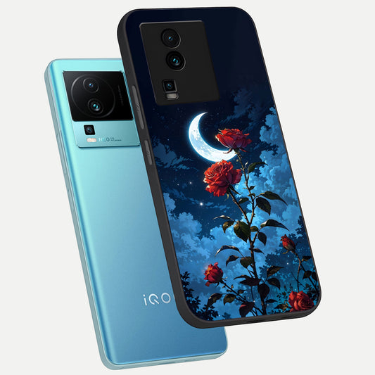  Crimson Rose Moon phone case For iQOO Neo 7 Pro showing premium glass back cover with detailed artwork