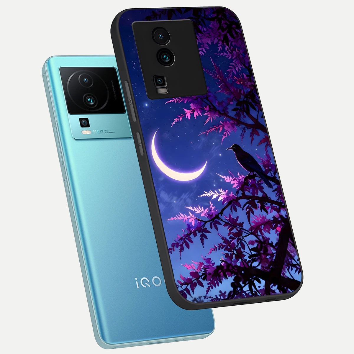  Crow And Moon Scenery phone case For iQOO Neo 7 Pro showing premium glass back cover with detailed artwork