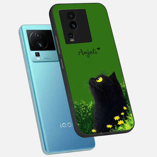  Emerald Cat Custom Name phone case For iQOO Neo 7 Pro showing premium glass back cover with detailed artwork
