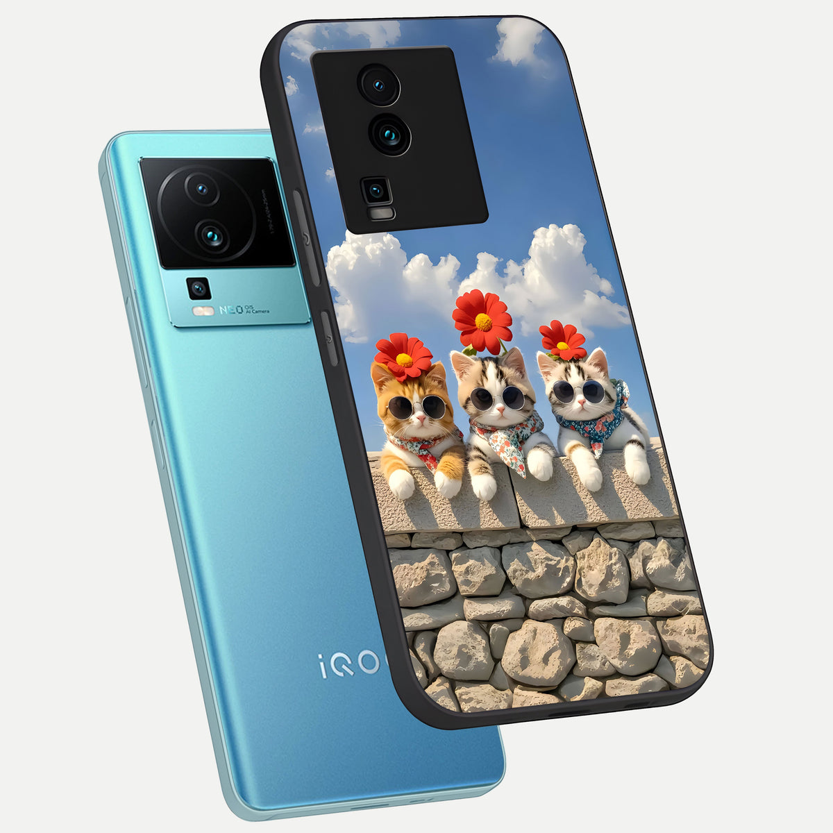  Floral Kitty Squad phone case For iQOO Neo 7 Pro showing premium glass back cover with detailed artwork