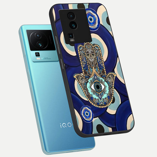  Hamsa Divine Guard phone case For iQOO Neo 7 Pro showing premium glass back cover with detailed artwork