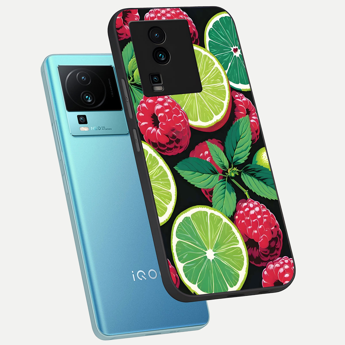  Lime and Raspberry Pattern phone case For iQOO Neo 7 Pro showing premium glass back cover with detailed artwork