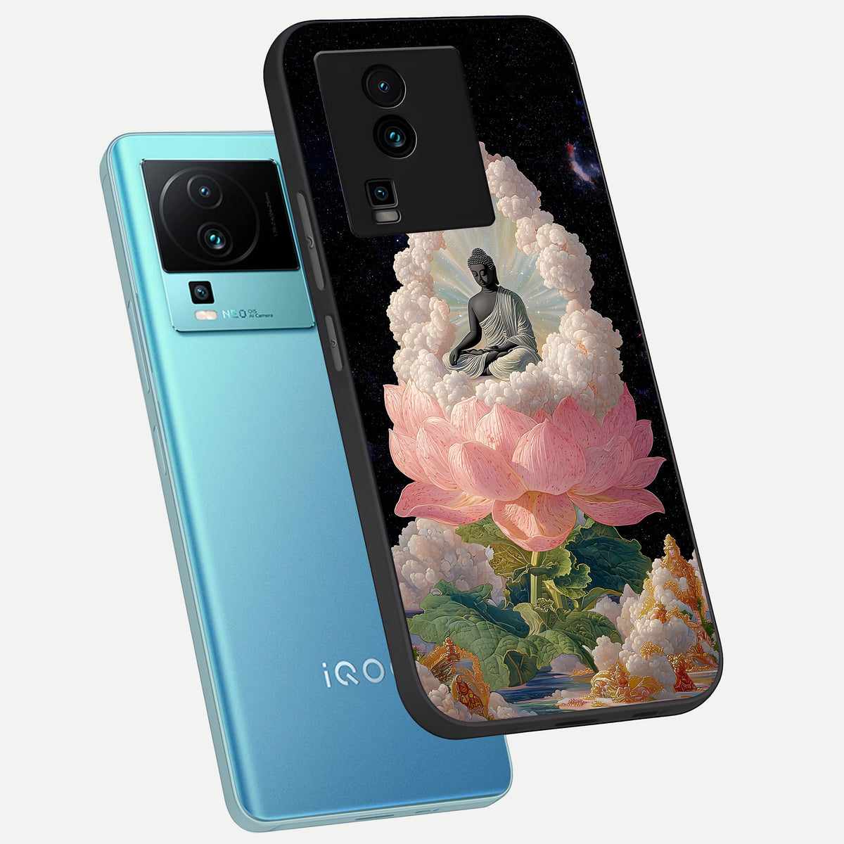  Lotus Divine Peace phone case For iQOO Neo 7 Pro showing premium glass back cover with detailed artwork