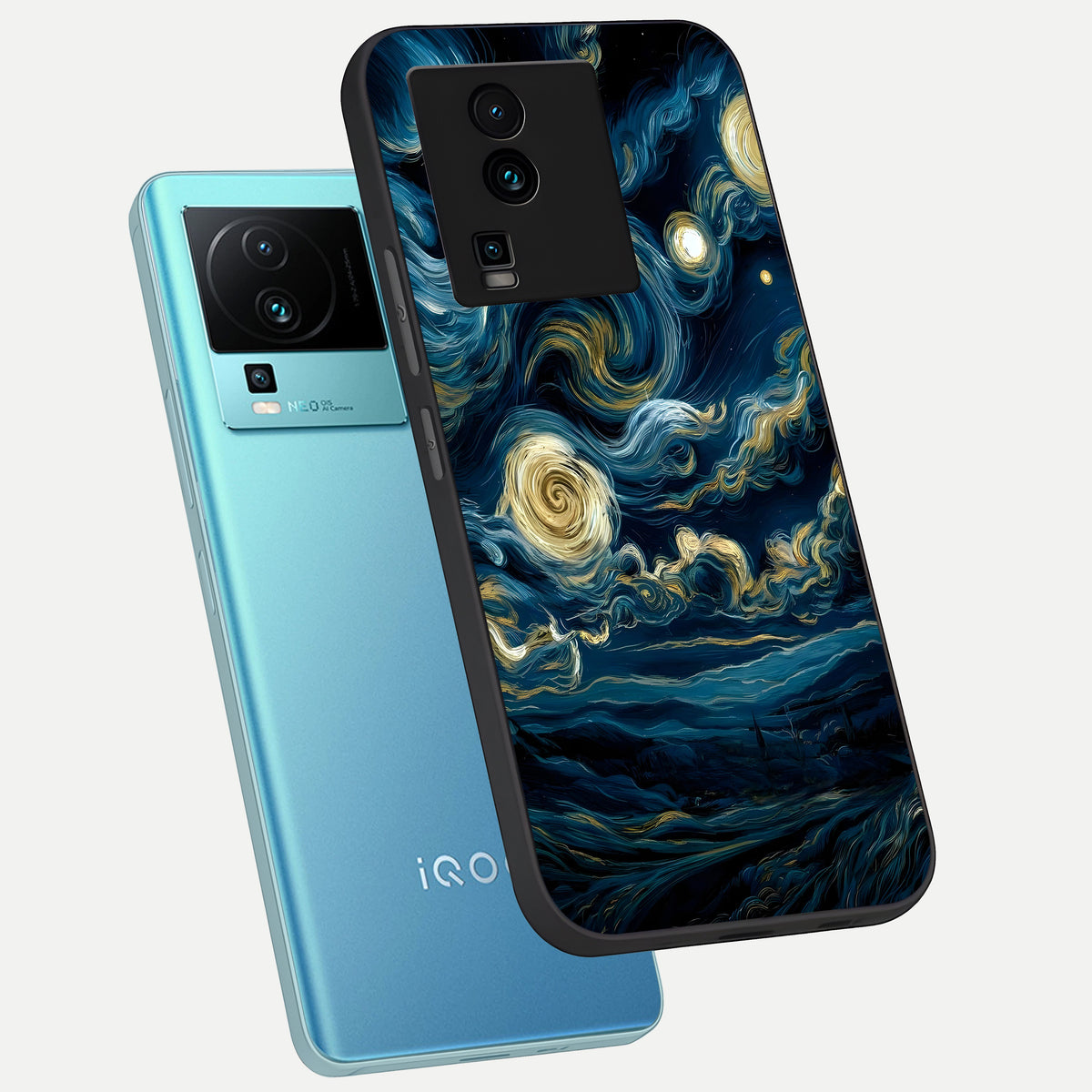  Midnight Sky Whirl phone case For iQOO Neo 7 Pro showing premium glass back cover with detailed artwork