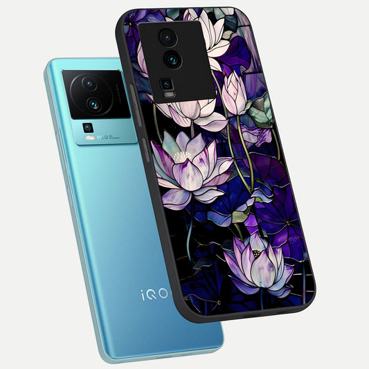  Purple Lotus Pattern phone case For iQOO Neo 7 Pro showing premium glass back cover with detailed artwork