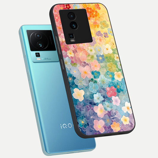  Rainbow Blossom Burst phone case For iQOO Neo 7 Pro showing premium glass back cover with detailed artwork