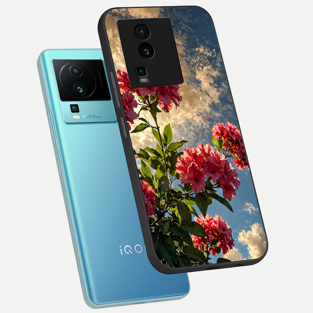  Red Bloom Skies phone case For iQOO Neo 7 Pro showing premium glass back cover with detailed artwork