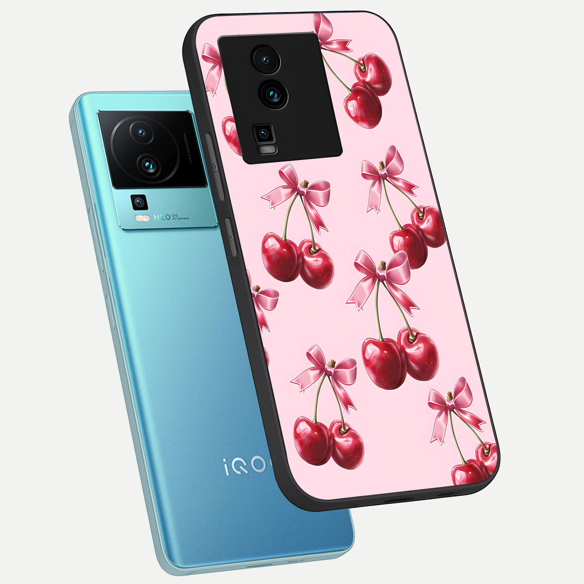  Red Cherries Pattern phone case For iQOO Neo 7 Pro showing premium glass back cover with detailed artwork