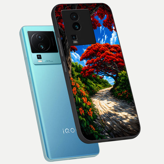  Red Trees Pathway phone case For iQOO Neo 7 Pro showing premium glass back cover with detailed artwork