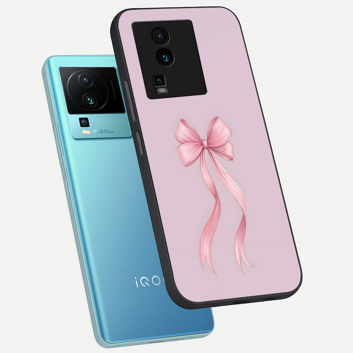  Soft Blush Bow phone case For iQOO Neo 7 Pro showing premium glass back cover with detailed artwork