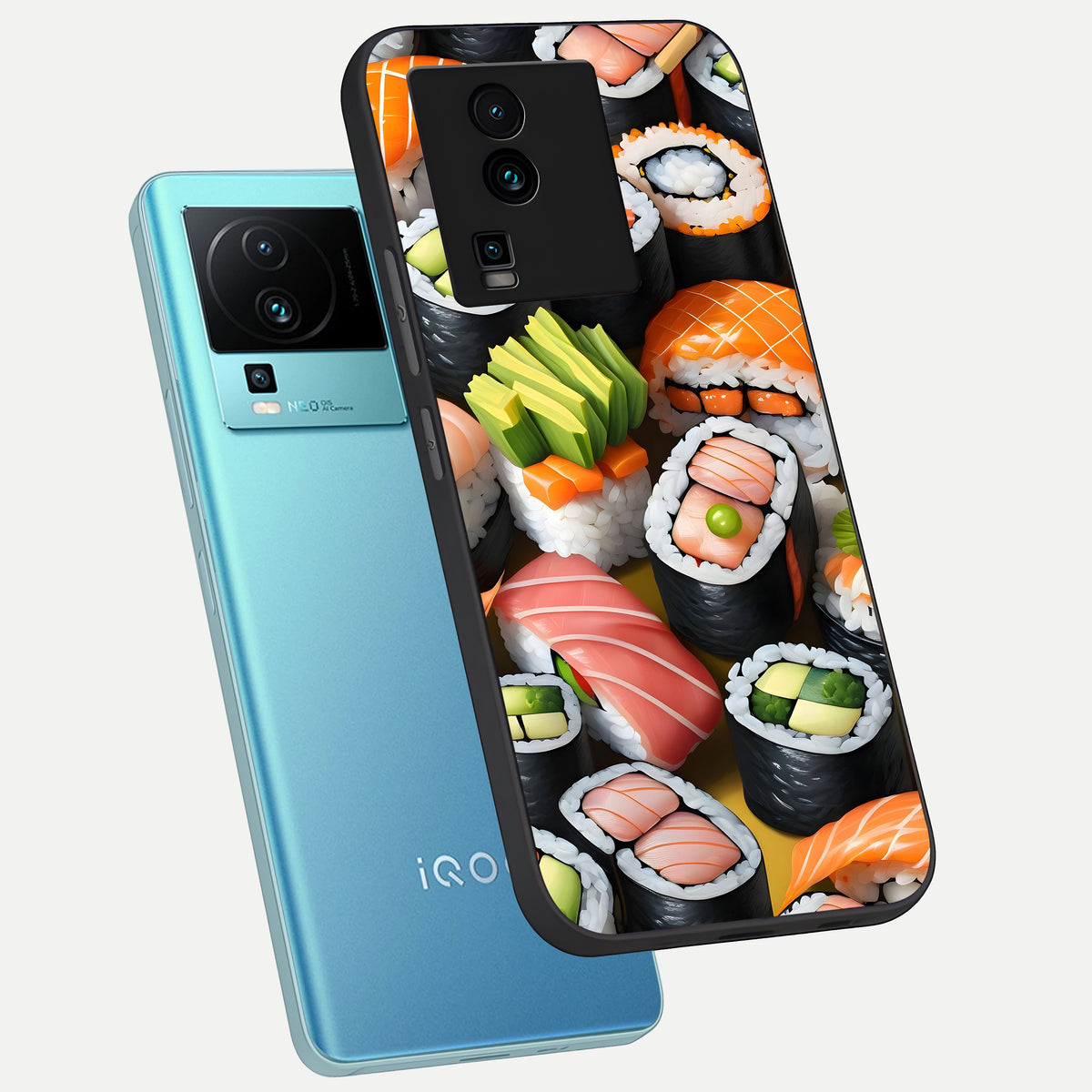  Sushi Food Pattern phone case For iQOO Neo 7 Pro showing premium glass back cover with detailed artwork