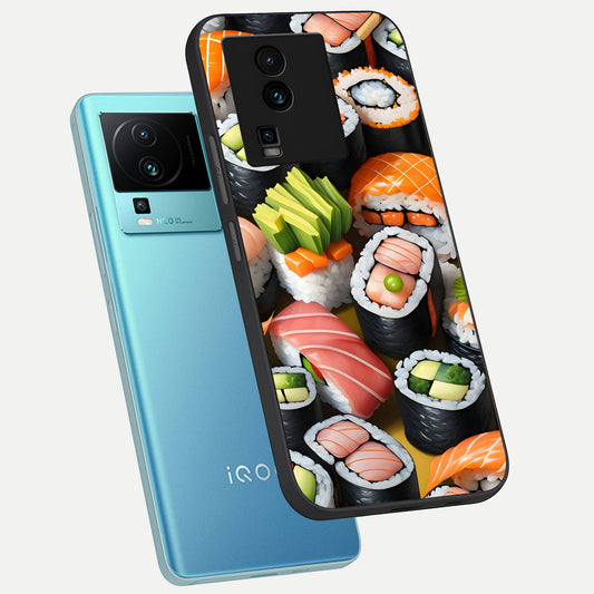  Sushi Food Pattern phone case For iQOO Neo 7 Pro showing premium glass back cover with detailed artwork