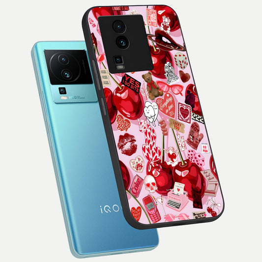  Sweet Cherry Chaos phone case For iQOO Neo 7 Pro showing premium glass back cover with detailed artwork