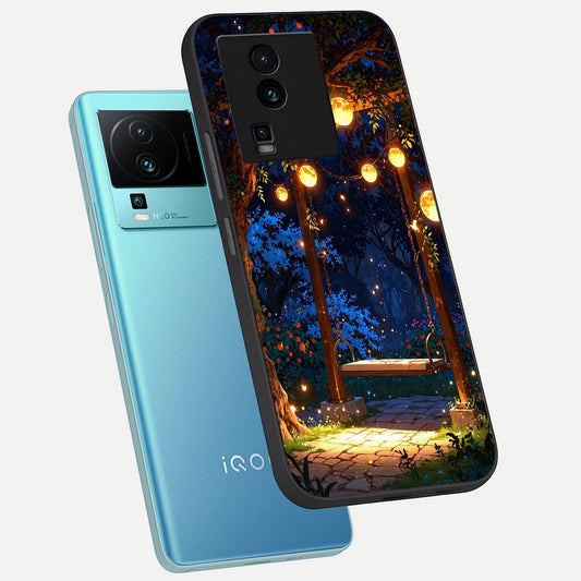  Twilight Garden Swing phone case For iQOO Neo 7 Pro showing premium glass back cover with detailed artwork