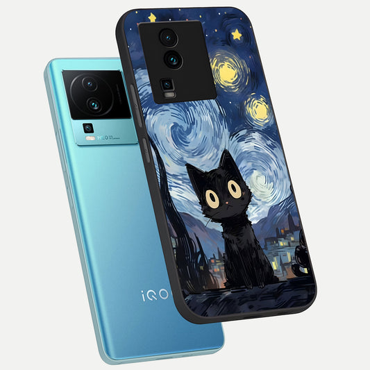  Van Gogh Cat phone case For iQOO Neo 7 Pro showing premium glass back cover with detailed artwork