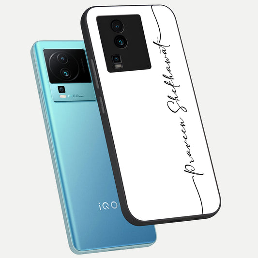  White Tune Custom Name phone case For iQOO Neo 7 Pro showing premium custom name glass back cover