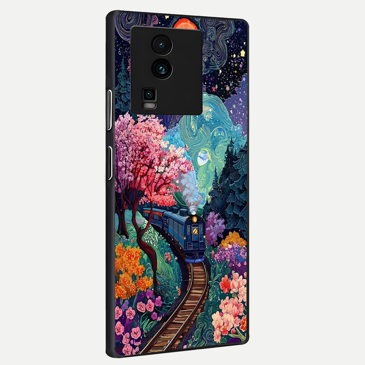  Celestial Train Journey back cover For iQOO Neo 7 Pro slim fit glass case with vibrant aesthetic design