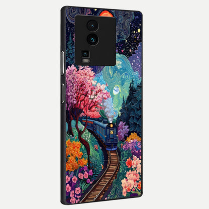  Celestial Train Journey back cover For iQOO Neo 7 Pro slim fit glass case with vibrant aesthetic design