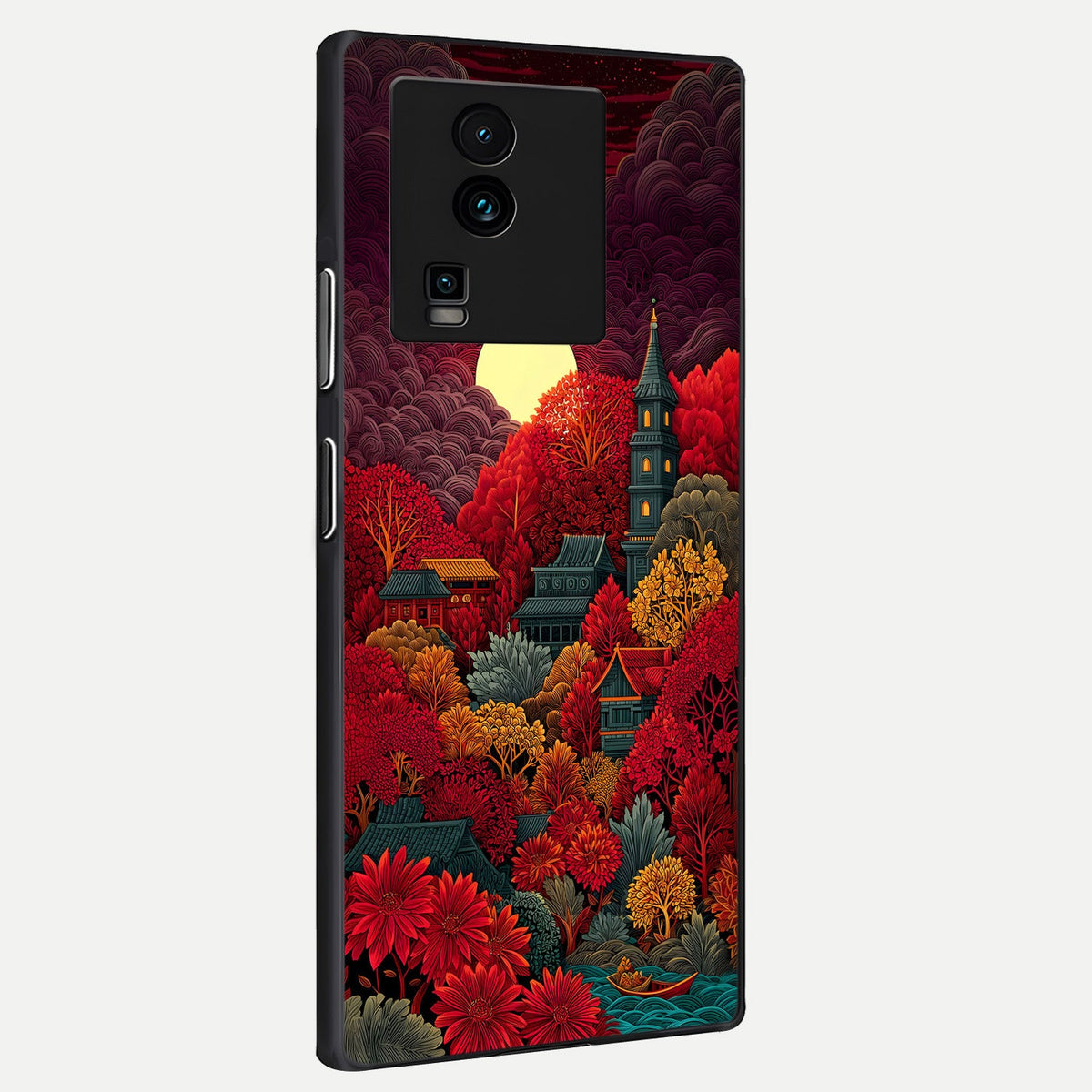  Scarlet Autumn Temple back cover For iQOO Neo 7 Pro slim fit glass case with vibrant aesthetic design