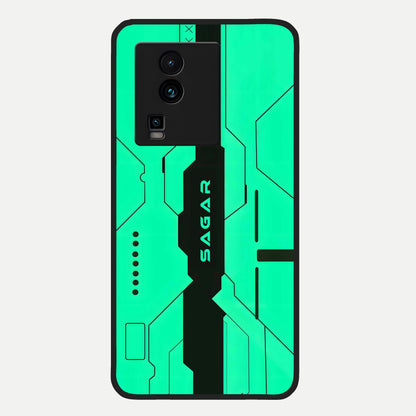  Aqua Tech CYBERPUNK Custom Name Glass Case For iQOO Neo 7 Pro back cover – full design glossy printed glass finish