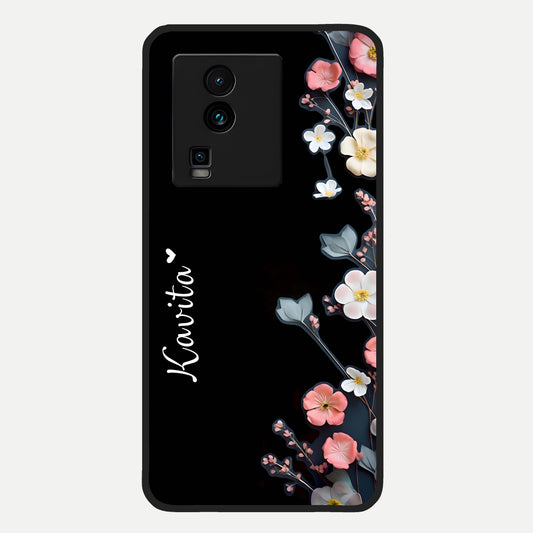  Black Elegance Floral Custom Name Glass Case For iQOO Neo 7 Pro back cover – full design glossy printed glass finish