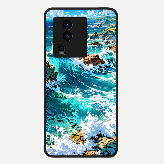  Coastal Blue Waves Glass Case For iQOO Neo 7 Pro back cover – full design glossy printed glass finish