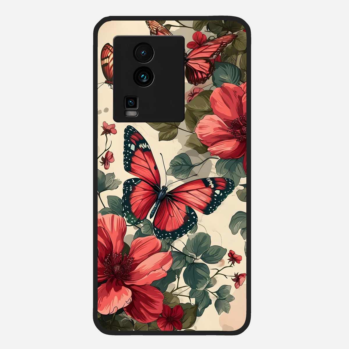  Crimson Butterfly Garden Glass Case For iQOO Neo 7 Pro back cover – full design glossy printed glass finish