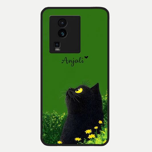  Emerald Cat Custom Name Glass Case For iQOO Neo 7 Pro back cover – full design glossy printed glass finish