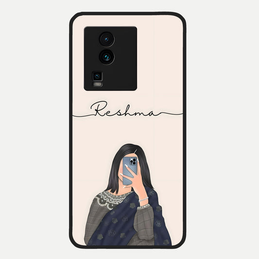  Mirror Mood Muse With Custom Name Glass Case For iQOO Neo 7 Pro back cover – full design glossy printed glass finish