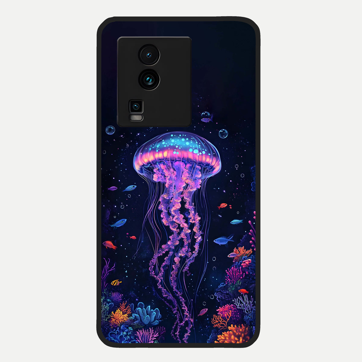  Neon Jellyfish Glass Case For iQOO Neo 7 Pro back cover – full design glossy printed glass finish