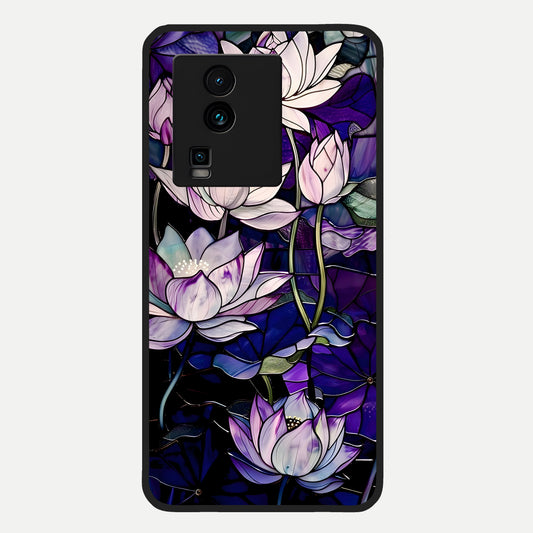  Purple Lotus Pattern Glass Case For iQOO Neo 7 Pro back cover – full design glossy printed glass finish