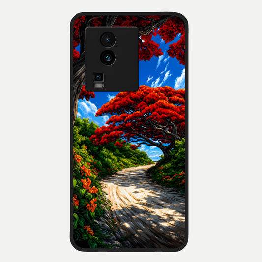  Red Trees Pathway Glass Case For iQOO Neo 7 Pro back cover – full design glossy printed glass finish