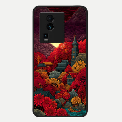  Scarlet Autumn Temple Glass Case For iQOO Neo 7 Pro back cover – full design glossy printed glass finish