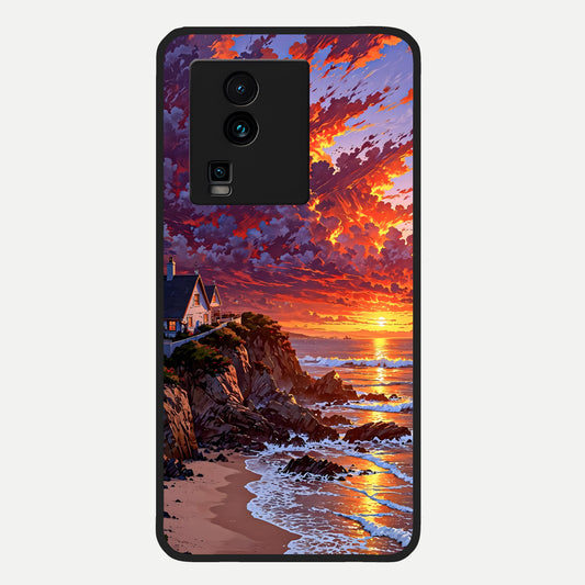  Sunset House By Sea Glass Case For iQOO Neo 7 Pro back cover – full design glossy printed glass finish
