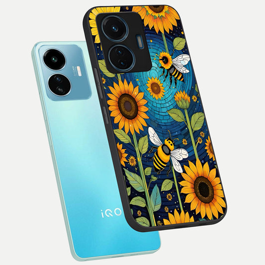  Bees And Sunflowers phone case For iQOO Z6 Lite 5G showing premium glass back cover with detailed artwork