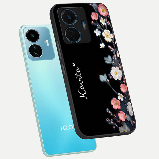  Black Elegance Floral Custom Name phone case For iQOO Z6 Lite 5G showing premium glass back cover with detailed artwork