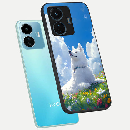  Blissful Cloud Pup phone case For iQOO Z6 Lite 5G showing premium glass back cover with detailed artwork